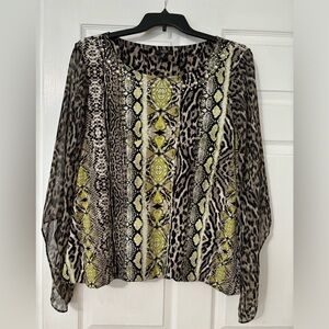 Women’s blouse, green/ black/ tan animal print, beaded neckline, size 2x